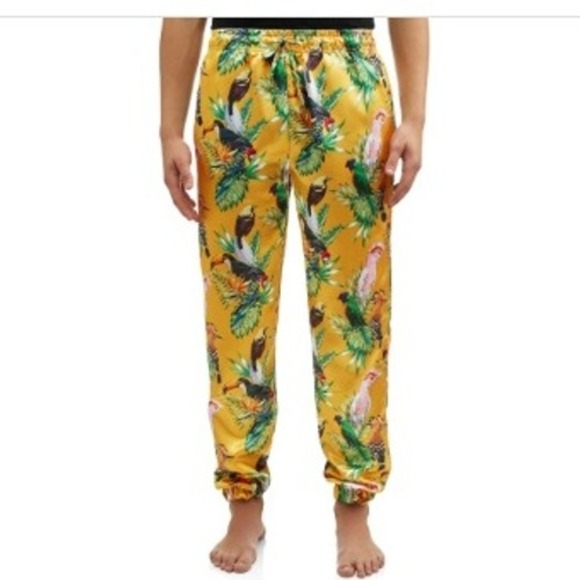 MAD Engine Other - Mad Engine Mens Tropical Birds of Paradise Gold Satin Lounge Sleep Pants NWT 2XL